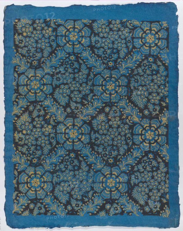 Sheet with overall black and gold floral pattern, late 18th-mid-19th century.