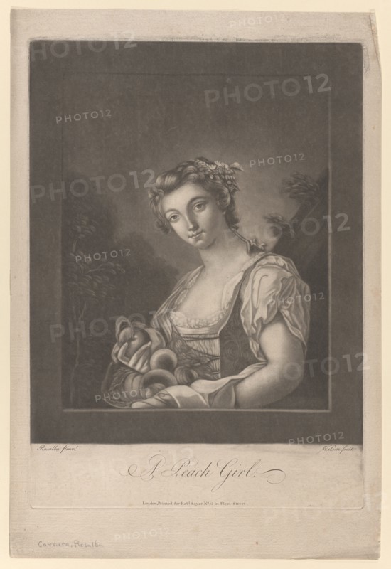 A Peach Girl: a woman carrying peaches in her apron and holding up one, 1786.