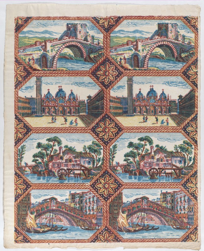 Sheet with two borders with Venetian landscapes, late 18th-mid-19th century.