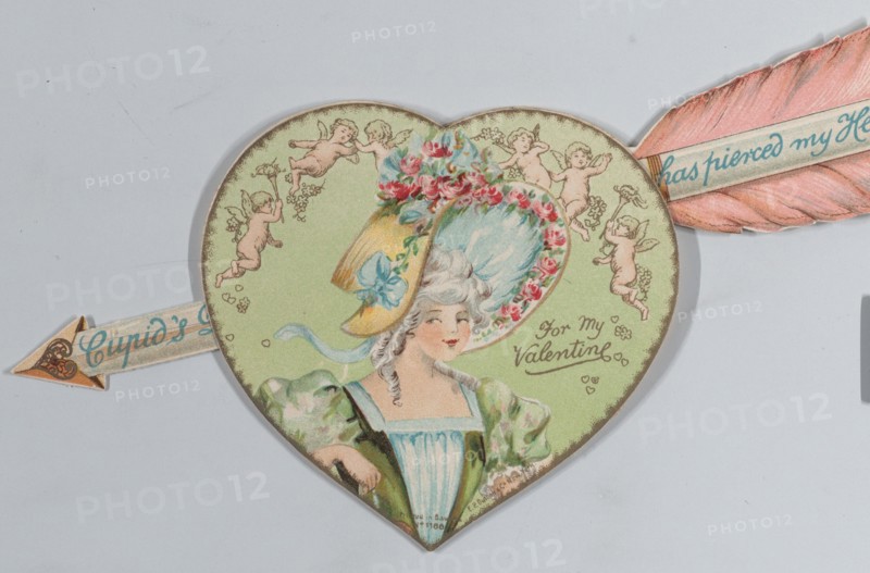 Valentine - Mechanical - Heart with arrow opens, image of a woman, ca. 1875.