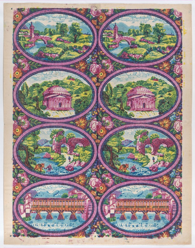 Sheet with two borders with Italian landscapes, late 18th-mid-19th century.