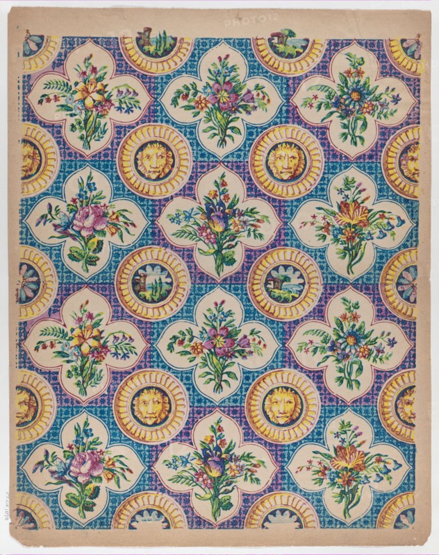 Sheet with pattern of bouquets and lion heads, late 18th-mid-19th century.