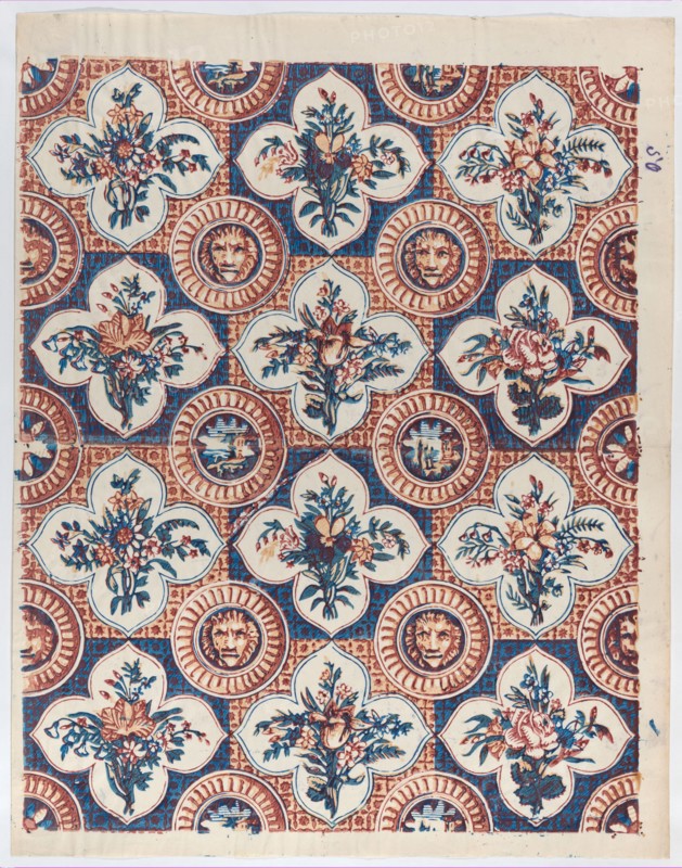 Sheet with pattern of bouquets and lion heads, late 18th-mid-19th century.