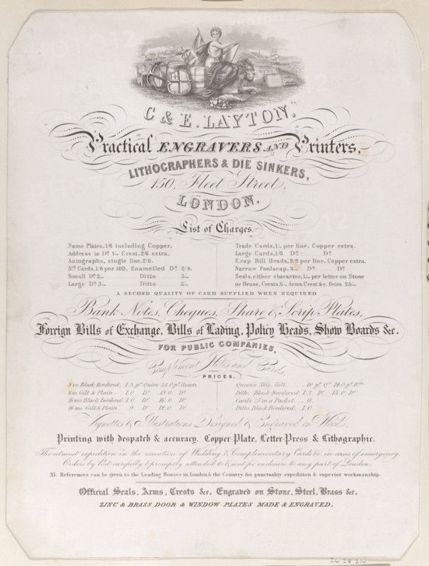Trade Card for Charles and Edwin Layton, Engravers and Printers, ca. 1800.