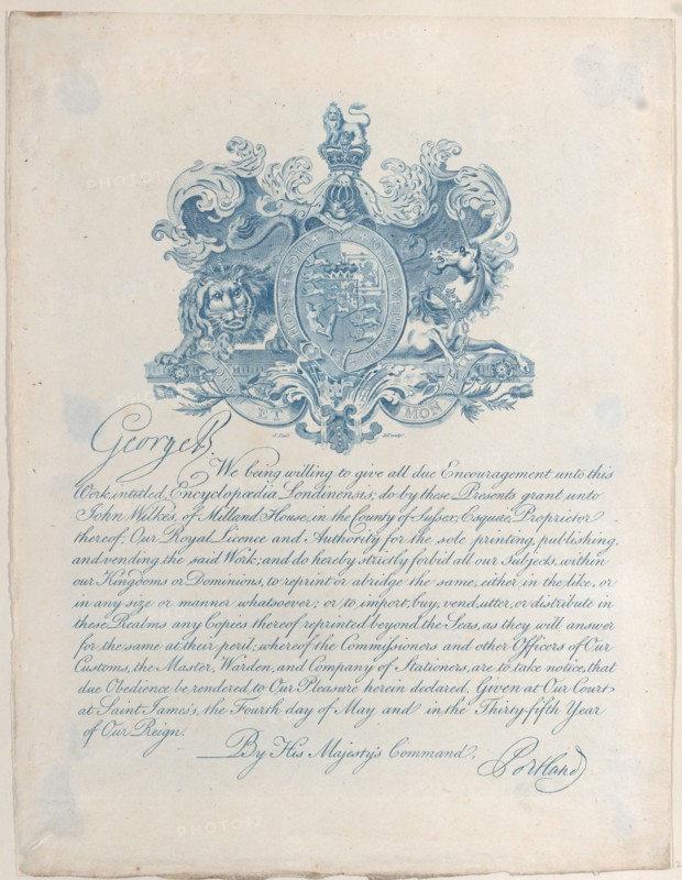 Royal Licence and Copyright for Encyclopaedia Londinesis, 19th century.
