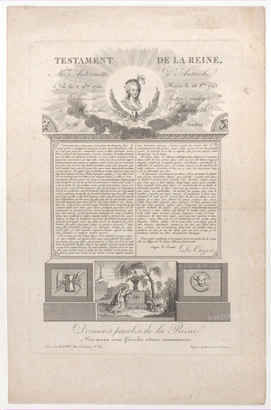 The testament and last words of Marie Antoinette, 1793-1819.