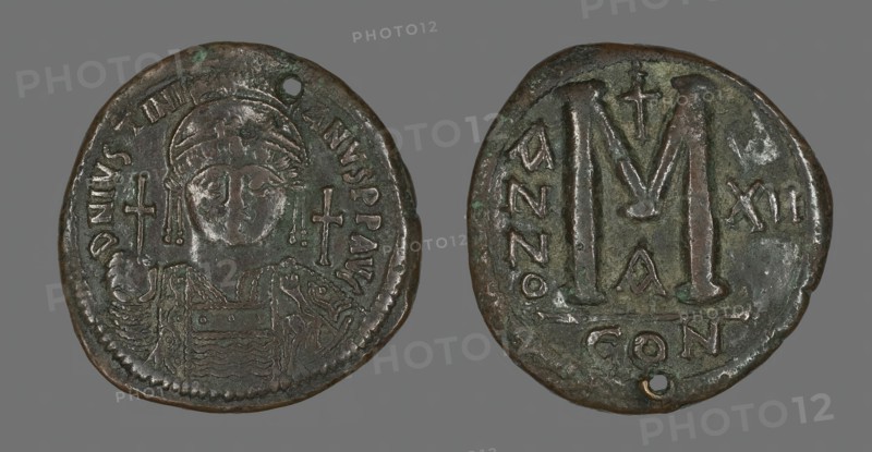 Follis (Coin) Portraying the Emperor Justinian I, 538-539. Creator: Unknown.