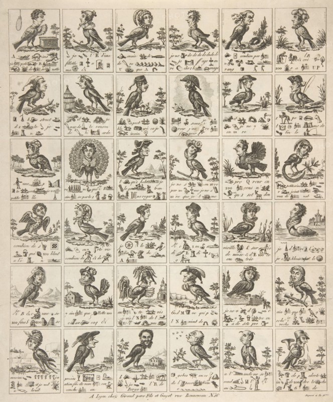 Sheet of Rebuses with Birds with Human Heads, ca. 1834.