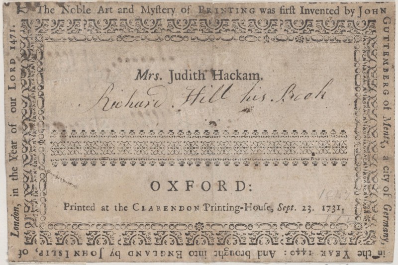 Book Label for Mrs. Judith Hackam, 19th century.