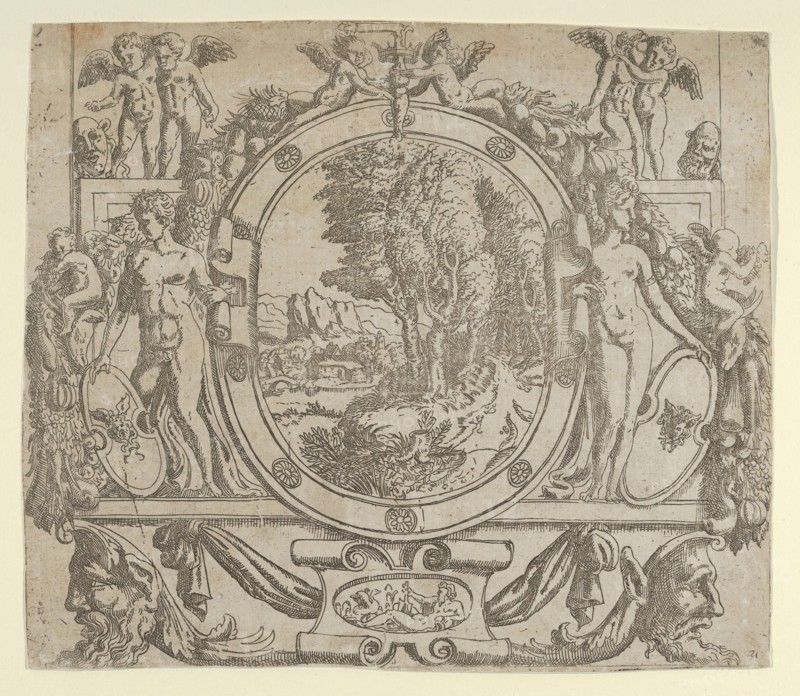 Oval landscape in an ornate frame, ca. 1542-45.