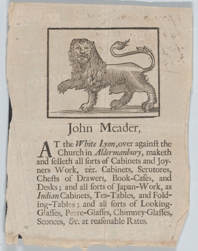 Trade Card of John Meader, Cabinets and Joyners Work, ca. 1690-1720. Creator: John Meader.