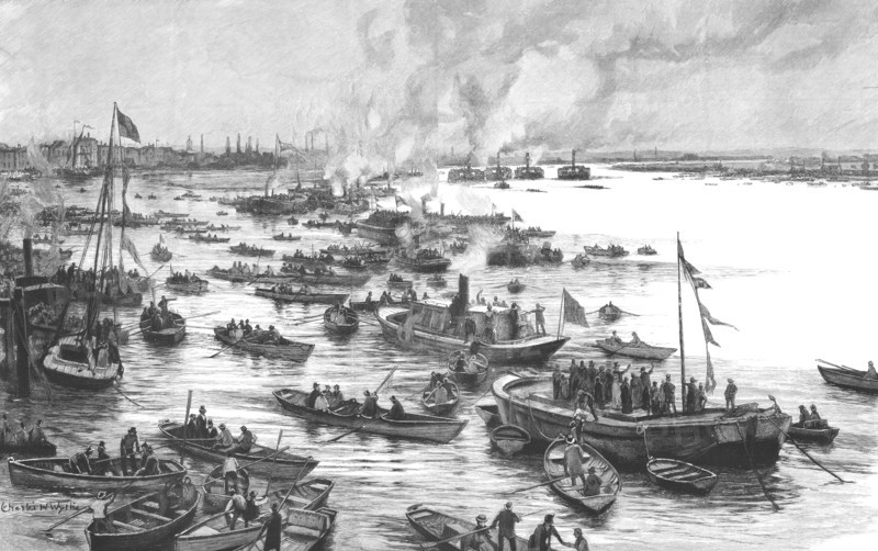 ''The Oxford and Cambridge Boat Race; Off Chiswick, "Here they come!"', 1890. Creator: Unknown.