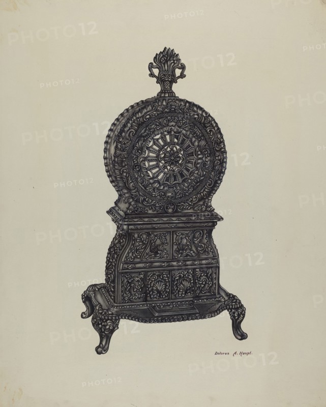 Cast Iron Heater Stove, c. 1940. Creator: Dolores Haupt.