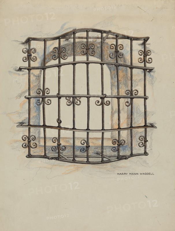 Iron Grille at Window: Restoration Drawing, c. 1936. Creator: Harry Mann Waddell.