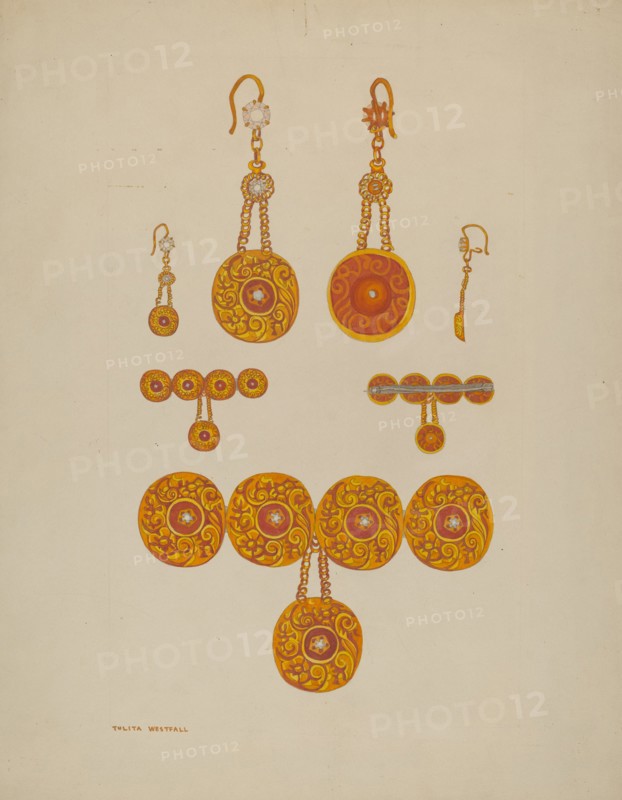 Earrings and Brooch, c. 1937. Creator: Tulita Westfall.