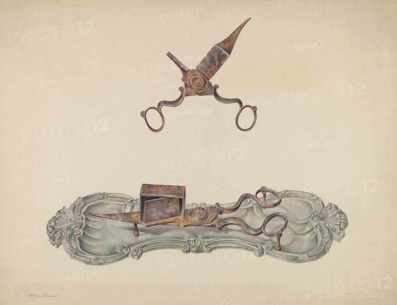 Pewter Tray and Snuffers, c. 1938. Creator: Carmel Wilson.