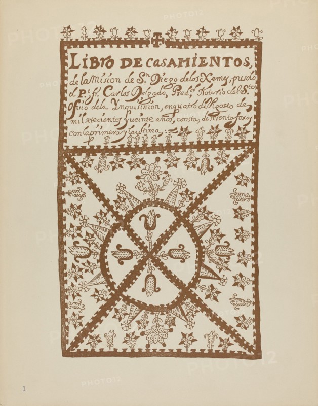 Plate 1: Jemez Book of Marriages: From Portfolio "Spanish Colonial Designs of New Mexico", 1935/1942 Creator: Unknown.