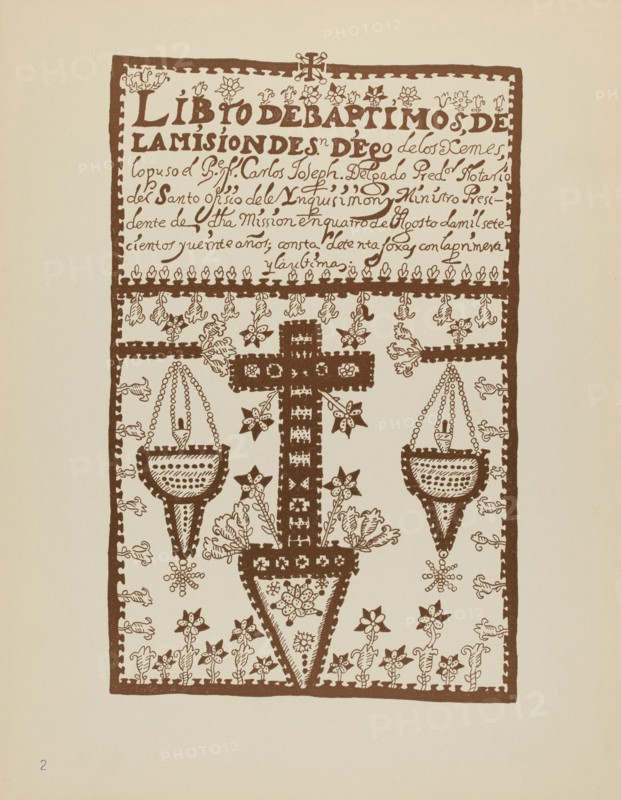 Plate 2: Jemez Book of Baptisms: From Portfolio "Spanish Colonial Designs of New Mexico", 1935/1942. Creator: Unknown.