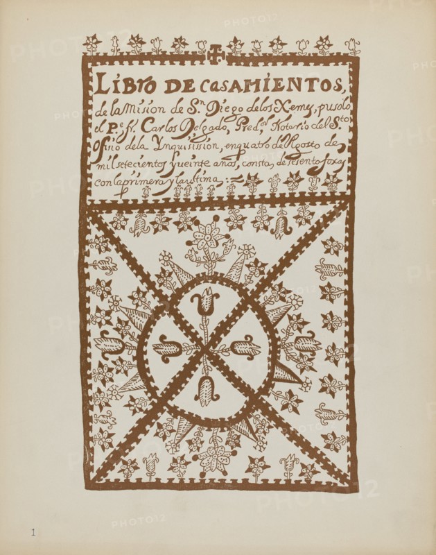 Plate 1: Jemez Book of Marriages: From Portfolio "Spanish Colonial Designs of New Mexico", 1935/1942 Creator: Unknown.