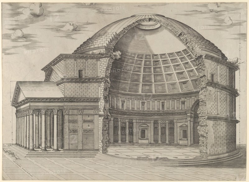 Reconstruction of the Pantheon in Rome, seen from the side, cut away to reveal the interior, 1553. Creator: Anon.