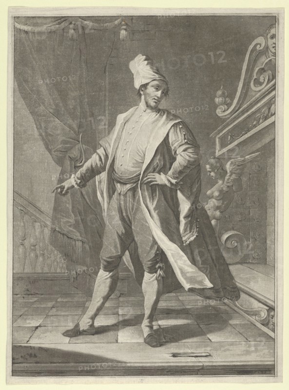 Man in Venetian costume standing before a large fireplace, right arm outstretched..., ca. 1770-1800. Creator: Anon.