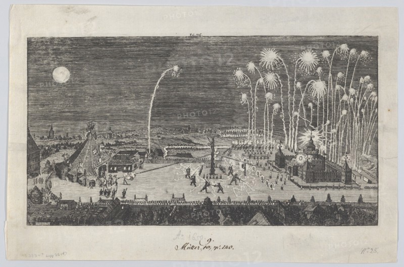 Fireworks display celebrating the end of the Thirty Years War, Nuremberg, 1650 Creator: Anon.