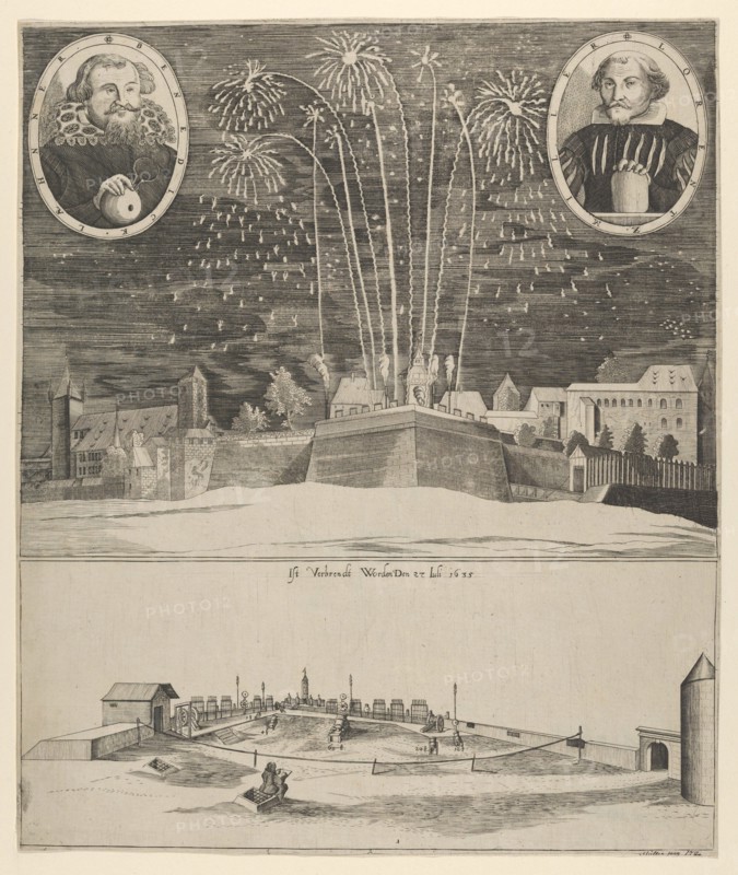 Fireworks display by Lorenz Müller as proof of his mastership, Nuremberg , 1635. Creator: Anon.