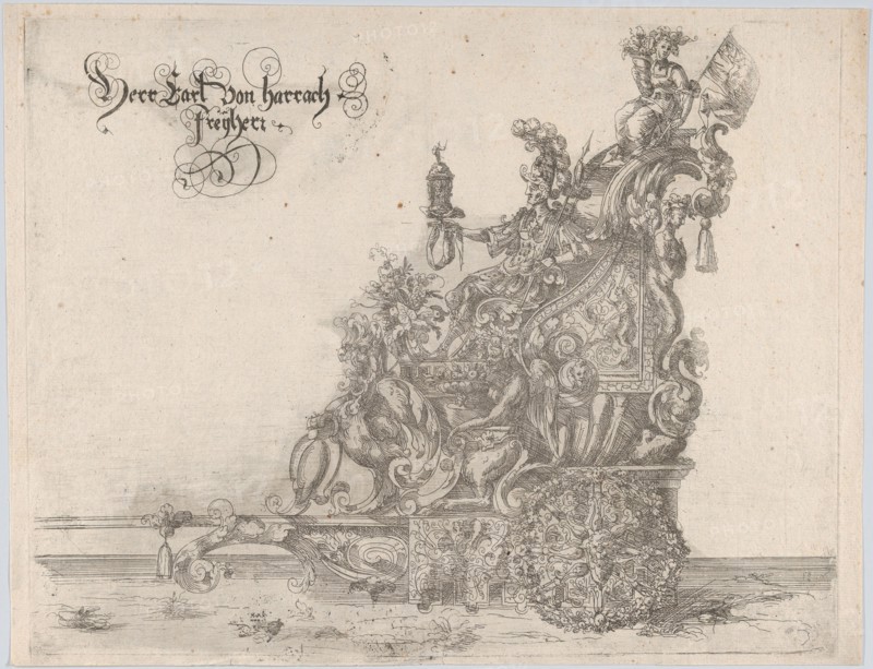 Procession, with a male and female figure seated on a float, 16th century., 16th century. Creator: Anon.