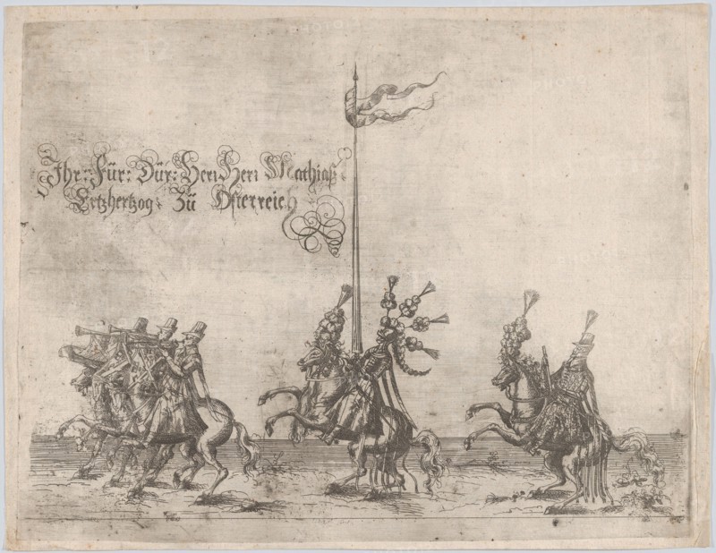 Procession, with men riding horses; three men playing trumpets at front, a knight ..., 16th century. Creator: Anon.