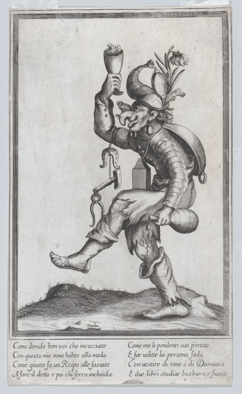 A caricature figure (a carpenter?) with a toad on his nose, carrying various implem..., ca. 1640-60. Creator: Anon.