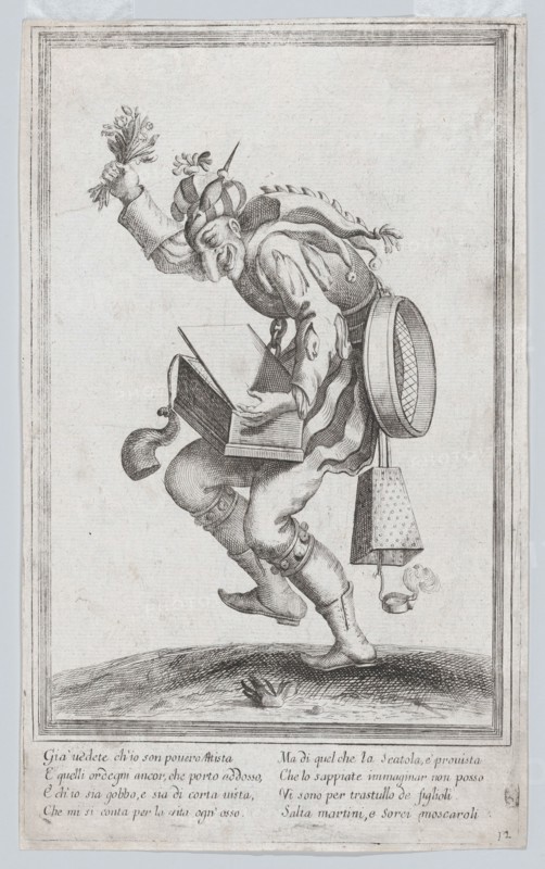A caricature figure representing a poor itinerant artist loaded with various implem..., ca. 1640-60. Creator: Anon.