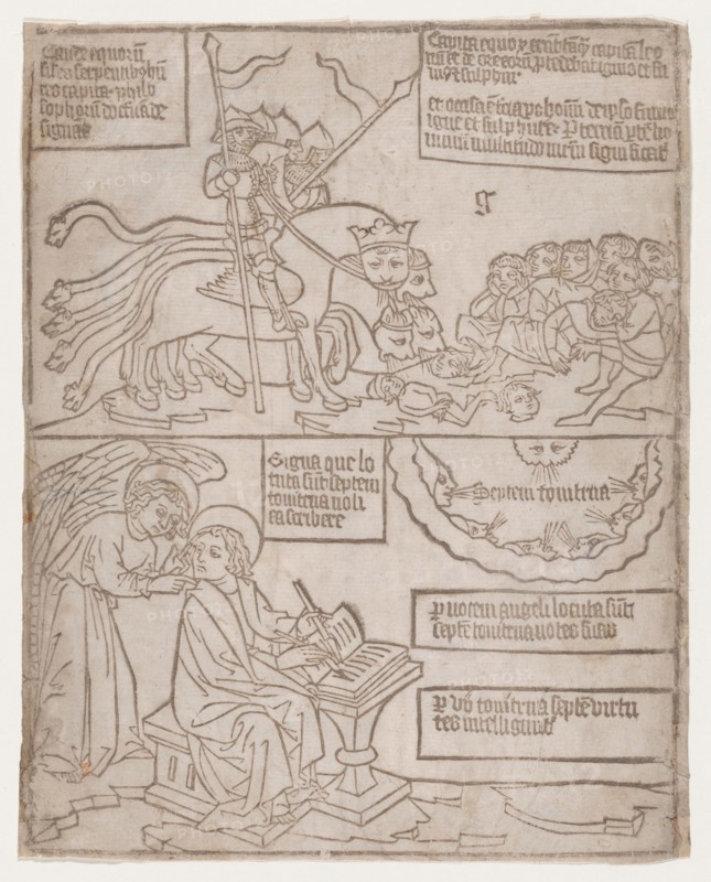 The Angels of the Euphrates Killing Mankind; and The Angel Preventing Saint John from..., 1440-1450. Creator: Anon.