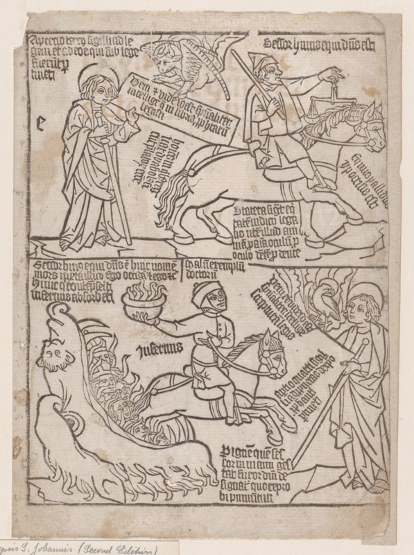 A Rider on a Black Horse with a Pair of Balances in His Hand; and A Pale Horse with D..., 1440-1450. Creator: Anon.