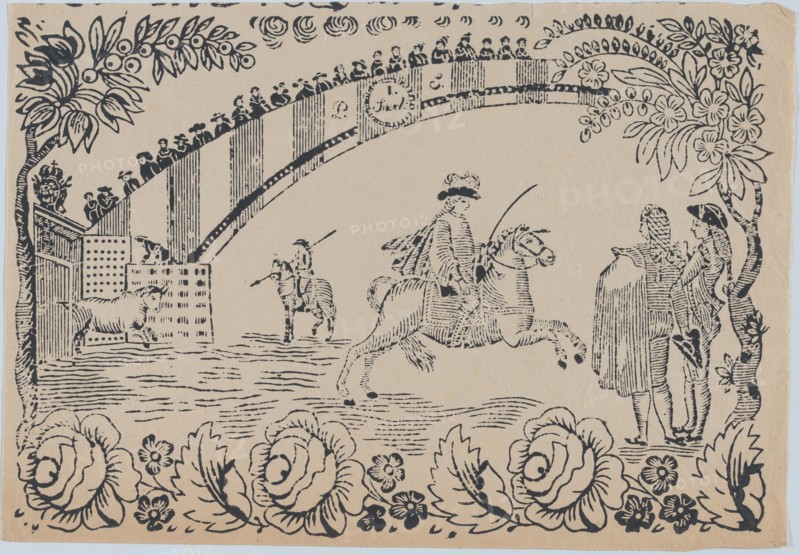 Suerte I: Bull entering the bullring after a law officer on horseback; two toreros ..., ca. 1850-80. Creator: Anon.