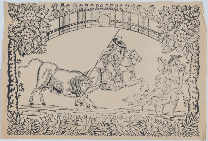 Suerte III: Picador stabbing a bull; two toreros running to right, ca. 1850-80., ca. 1850-80. Creator: Anon.