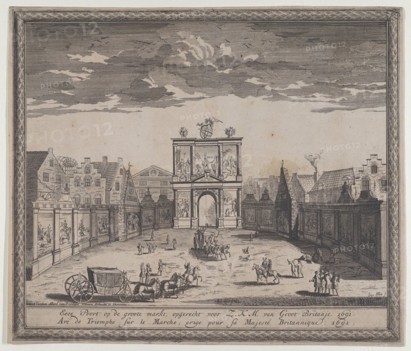 Triumphal arch erected in celebration of the entry of King William III, 1691. Creator: Hugo Allard.