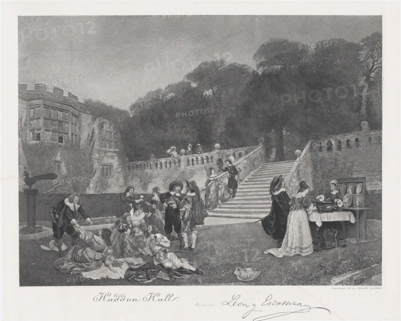 Haddon Hall with elegantly dressed figures in the foreground, 1881. Creator: After Ignacio de León y Escosura.