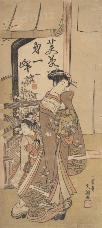 A Courtesan Followed by a Girl Attendant Carrying a Doll, 1723-1792. Creator: Ippitsusai Buncho.