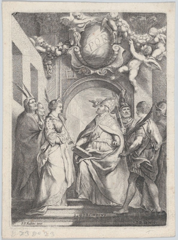 Saint Gregory surrounded by other saints, in front of an archway with putti holding..., ca. 1711-54. Creator: Jacob de Wit.