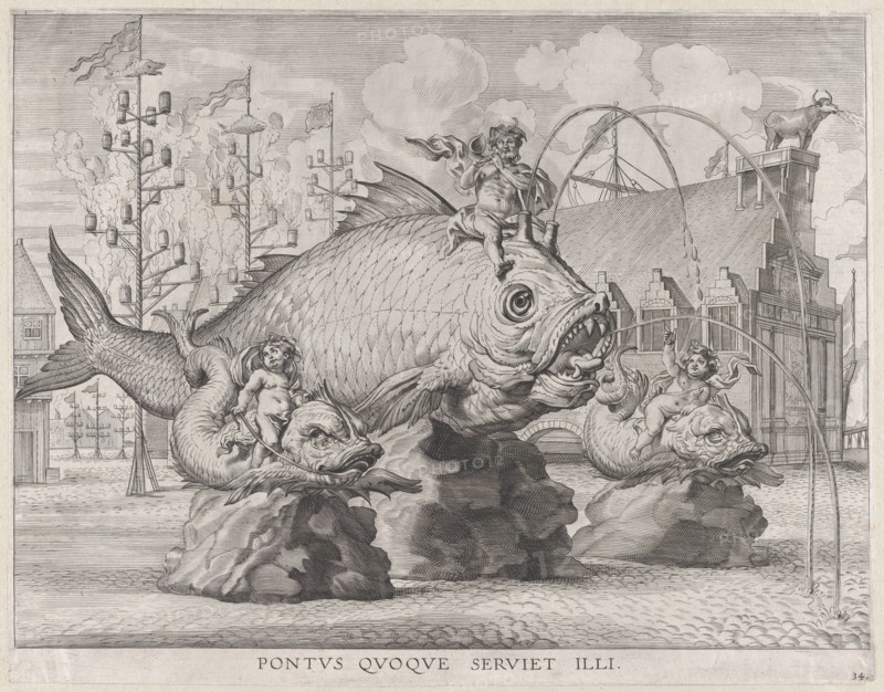 Plate 34: King Ferdinand as Neptune, seated on a whale at center, with putti atop two smal..., 1636. Creators: Jacob Neeffs, Johannes Meursius, Willem van der Beke.