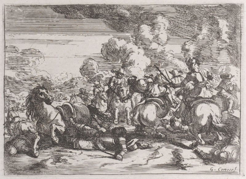 Plate 5: the wounded chief commander lies on the ground, while the battle goes on at ri..., 1635-60. Creator: Jacques Courtois.