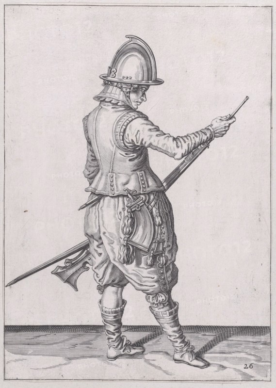 A soldier ramming home powder and bullet with the ramrod, from the Marksmen seri..., published 1608. Creator: Robert Willemsz de Baudous.