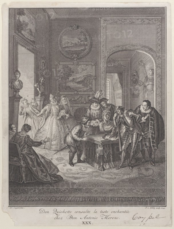 Plate 30: Don Quixote consults the enchanted head at Don Antonio Moreno's house (Don Quich..., 1745. Creator: Jakob van Schley.