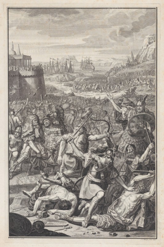Battle scene with a man about to be stabbed with a sword at lower right, 1730. Creator: Jan Caspar Philips.