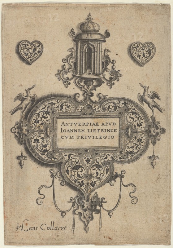 Title Plate, from Pendant Designs with Architectural Elements and Vegetal-Arabesque..., before 1573. Creator: Jan Collaert I.