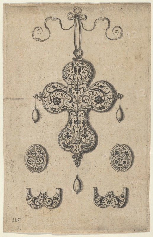 Design for the Verso of a Cross-Shaped Pendant Above a Pair of Oval Ornaments and A..., before 1573. Creator: Jan Collaert I.