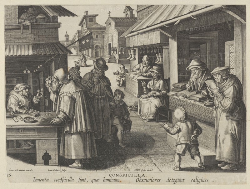 New Inventions of Modern Times [Nova Reperta], The Invention of Eyeglasses, plate 15, ..., ca. 1600. Creator: Jan Collaert I.