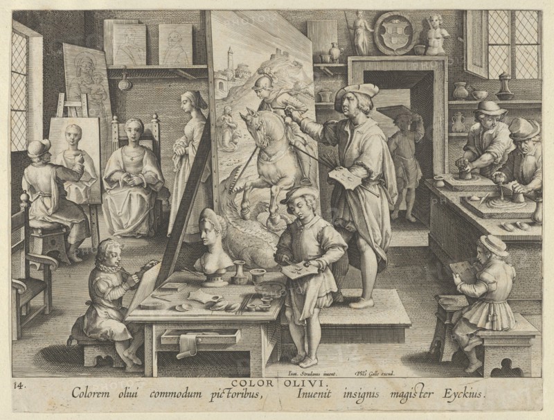 New Inventions of Modern Times [Nova Reperta], The Invention of Oil Painting, plate 14..., ca. 1600. Creator: Jan Collaert I.