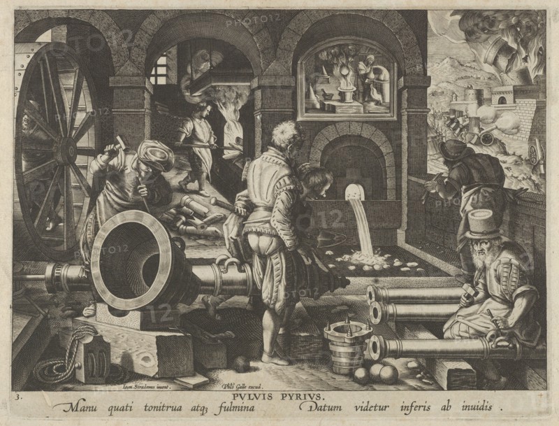 New Inventions of Modern Times [Nova Reperta], The Invention of Gunpowder, plate 3, ca..., ca. 1600. Creator: Jan Collaert I.