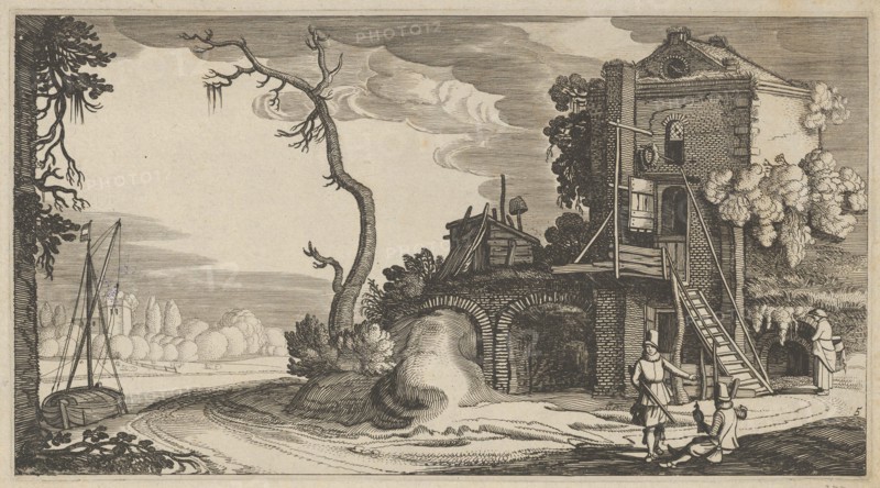 Square Tower Used as Inn near a River, ca. 1641. Creators: Jan van de Velde II, Claes Jansz Visscher.
